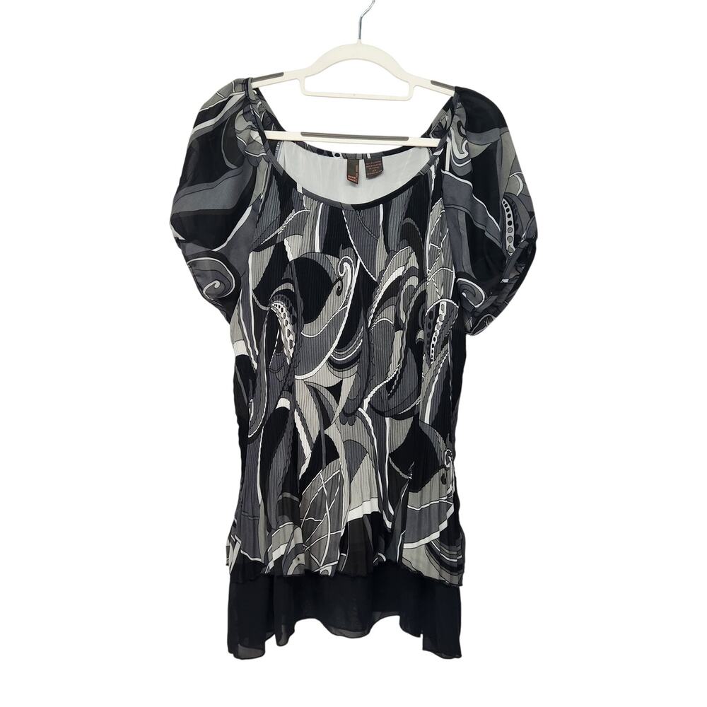 Sere Nade Black White Abstract According Pleat Sheer Peplum‎ Plus Blouse 2X